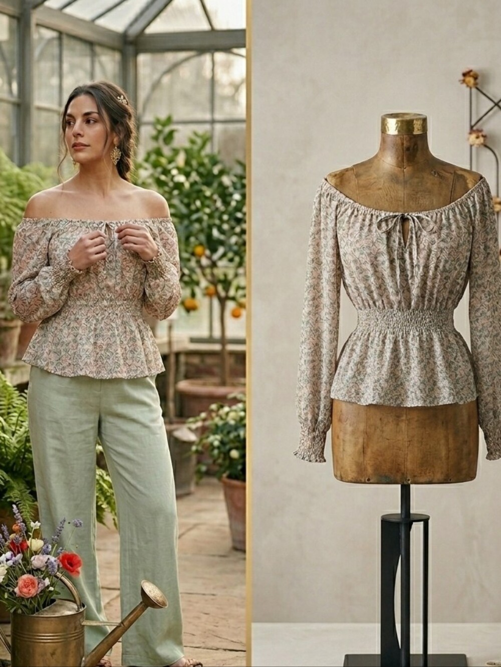 Signature by Reitmans M Small Floral Off Shoulder Smocked Cotton Peplum Top Sage